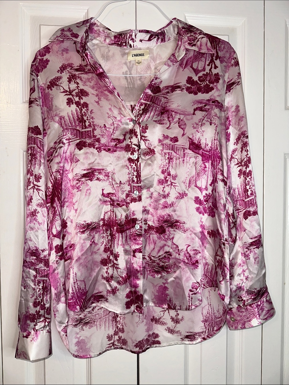 L'AGENCE Pink  Silk and White Toile Satin Button-Front Shirt